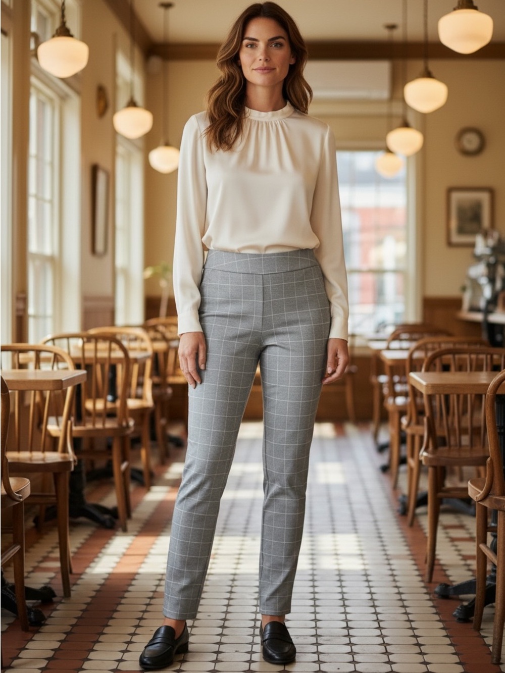 Kim Rogers Women's Gray Windowpane Pull-On Pants Stretch Straight Leg Size 16